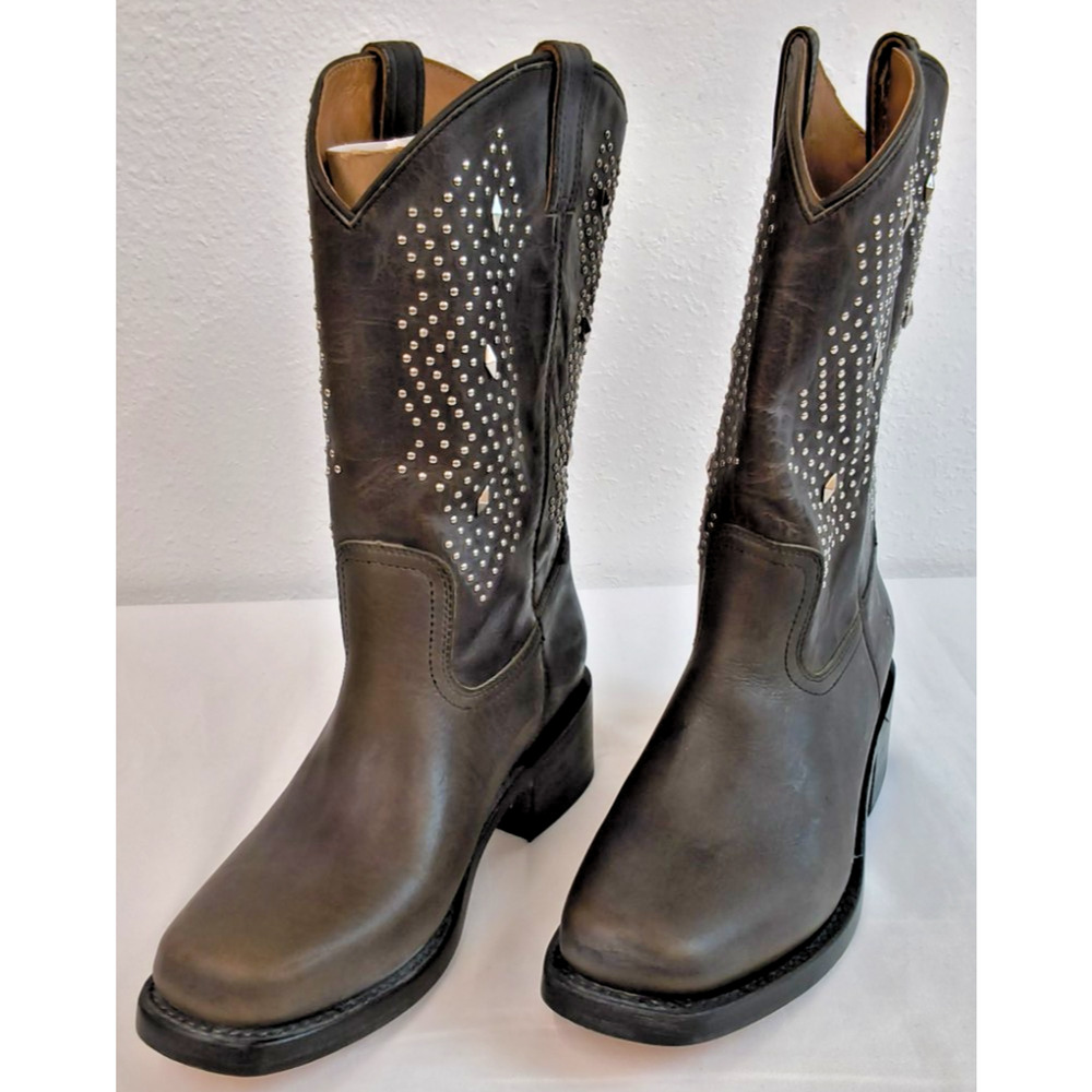 Frye Campus Deco Stud Boots Womens 10B Brown Leather Silver Stud Light Use#W5591 - Picture 3 of 16